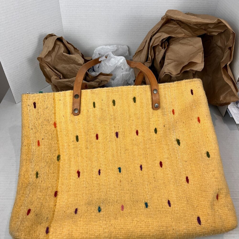 Unbranded Yellow Textile (wool?) tote with double leather handles